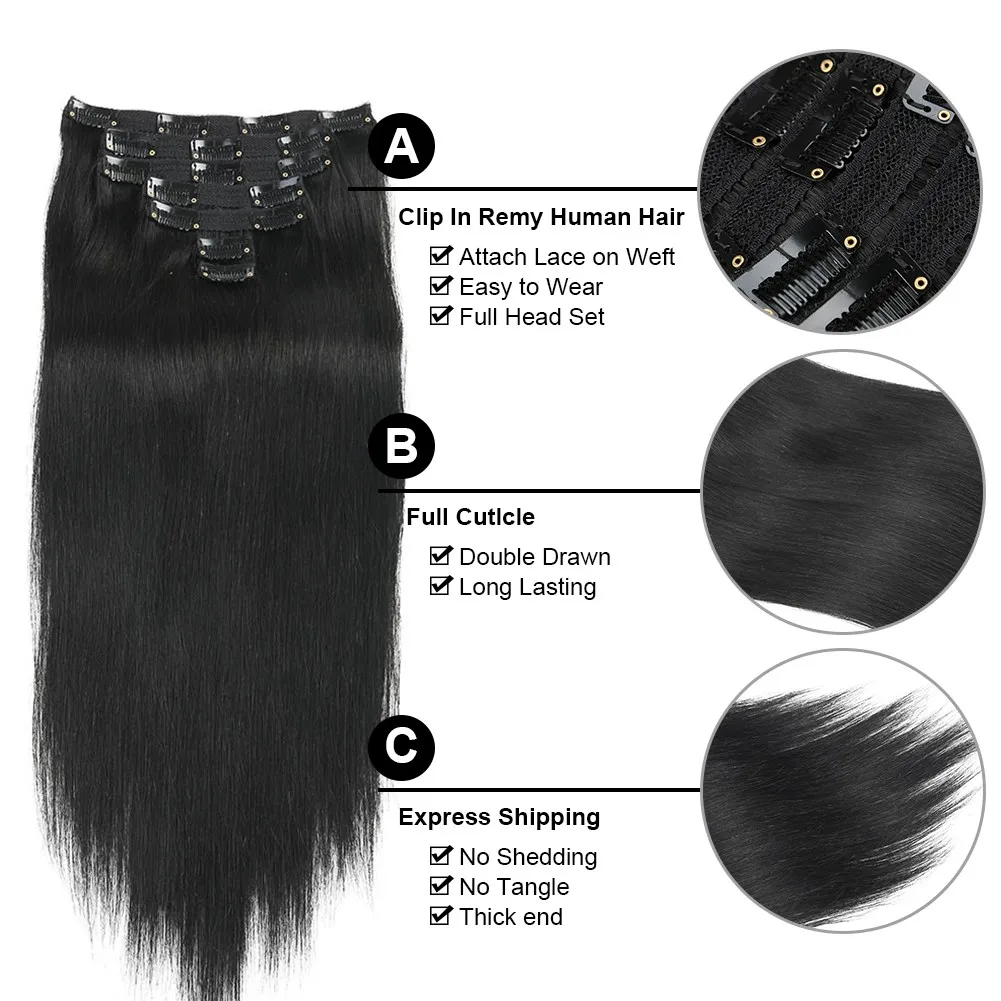 Full Head Clip In Hair Extensions Real Human Hair Virgin Hair Deep Black Invisible Clip In Human Hair Extensions 7Set Remy Hair