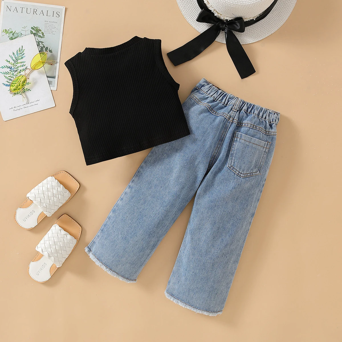 2024 Fashion Kids Girls Clothes Suits Solid Color Sleeveless Tank Tops and Heart Print Jeans Denim Pants Set Summer 2Pcs