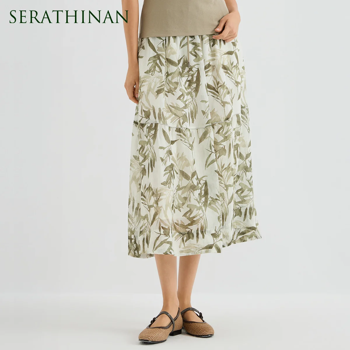 

KL9613261 Luxury 100% Ramie Skirt Women's High End Leaf Print Floral Print Midi Skirts Luxury Designer A Line Skirt