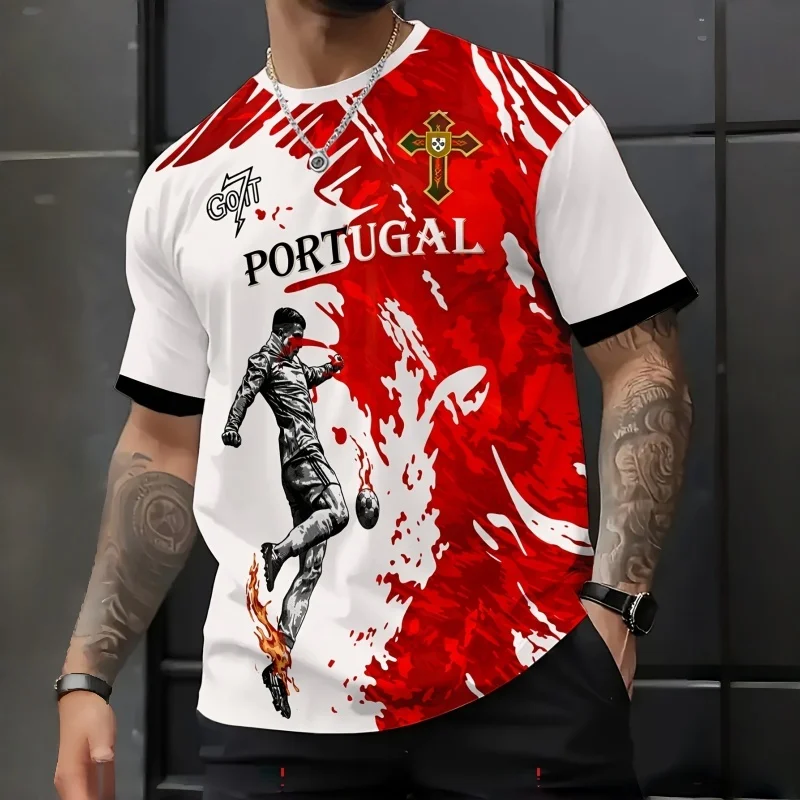 Herren Portugal Fußballstar T-Shirt mit Aufdruck, rote Spritztextur, Nationalwappen PORTUGAL, O-Ausschnitt, Kurzarm, Fußballfan, Freizeit