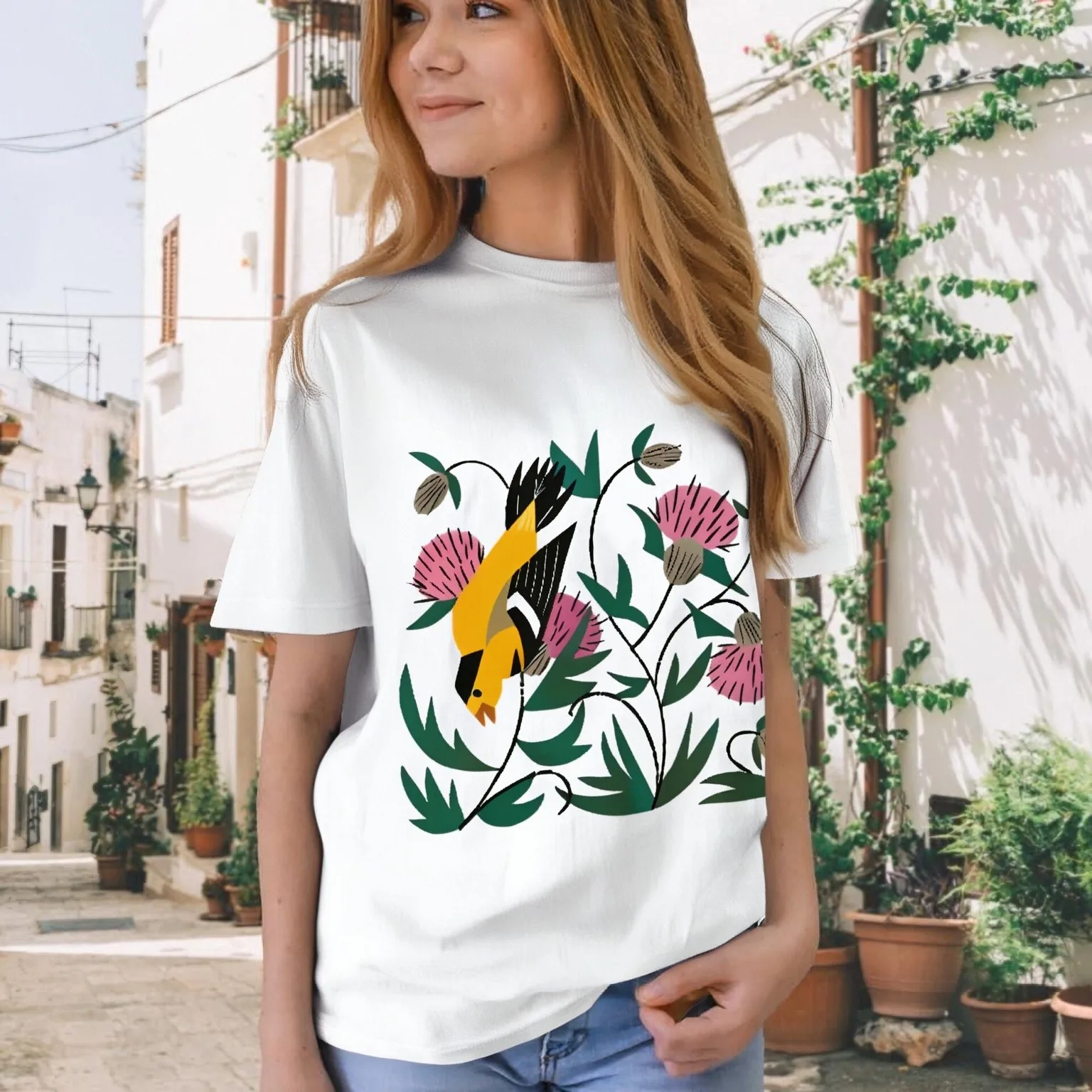 

Nature Lovers Summer Pure Cotton T shirt Bird And Flowers Print Casual Loose Short Sleeved Stylish Charming Fashionable Top