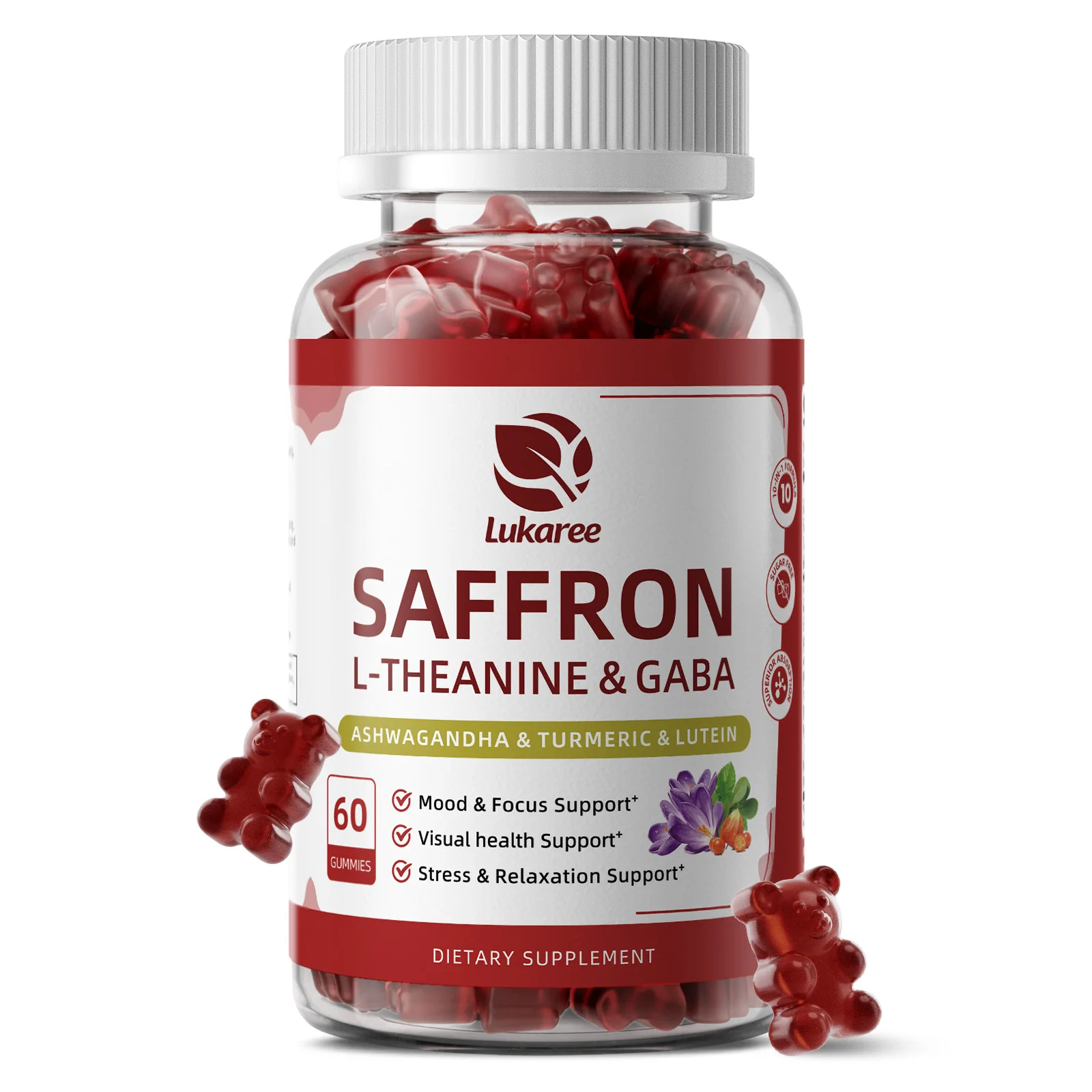 Lukaree Saffron Gummies with Ashwagandha Magnesium Turmeric Sugar-Free Mood & Focus Support Visual health Support Stress & Relaxation Support