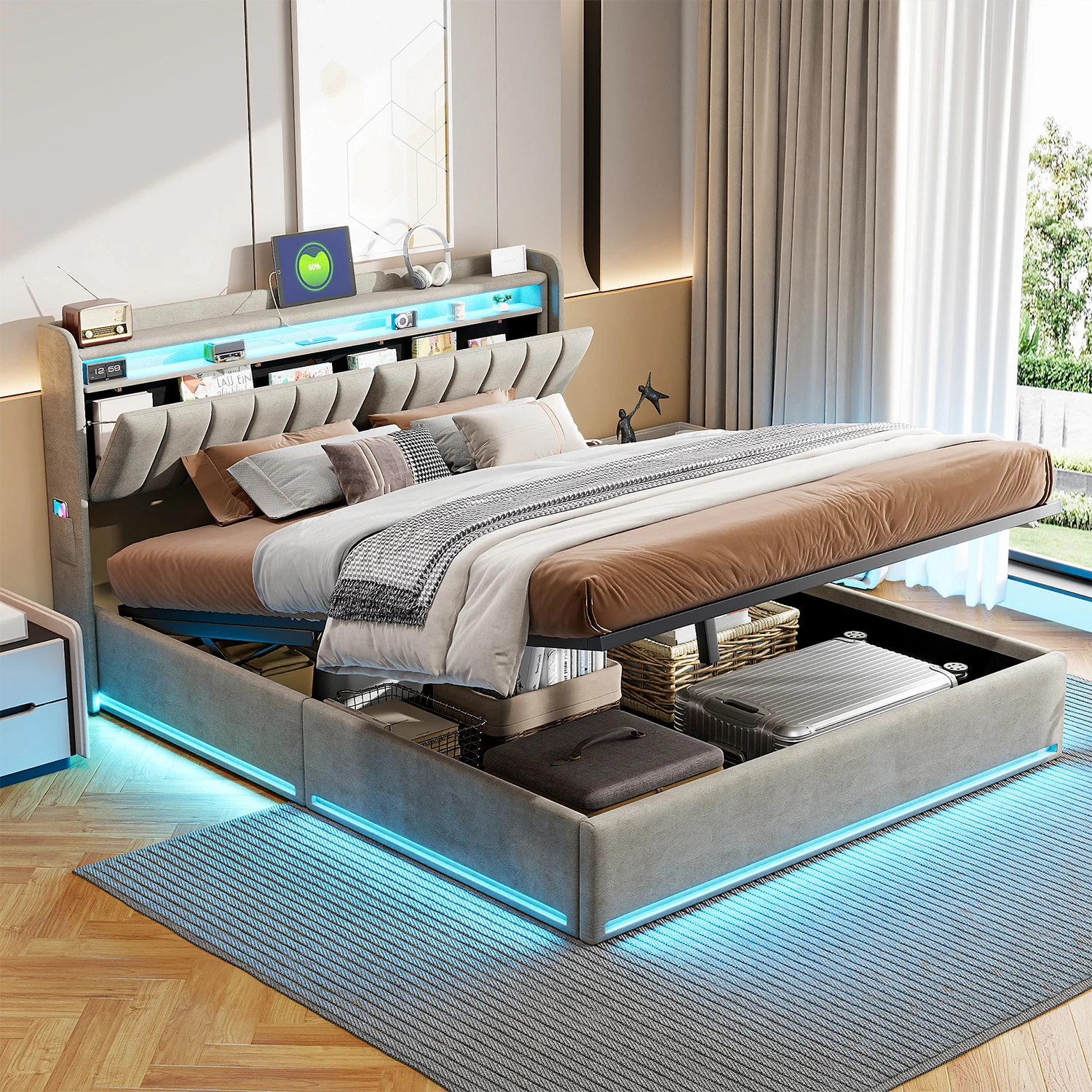 Anajqaqia Cama Doble Tapizada de 140 x 190 cm, Cama con Almacenamiento, con Estación de Carga LED y USB, Cama Hidráulica, Sin Colchón, Terciopelo