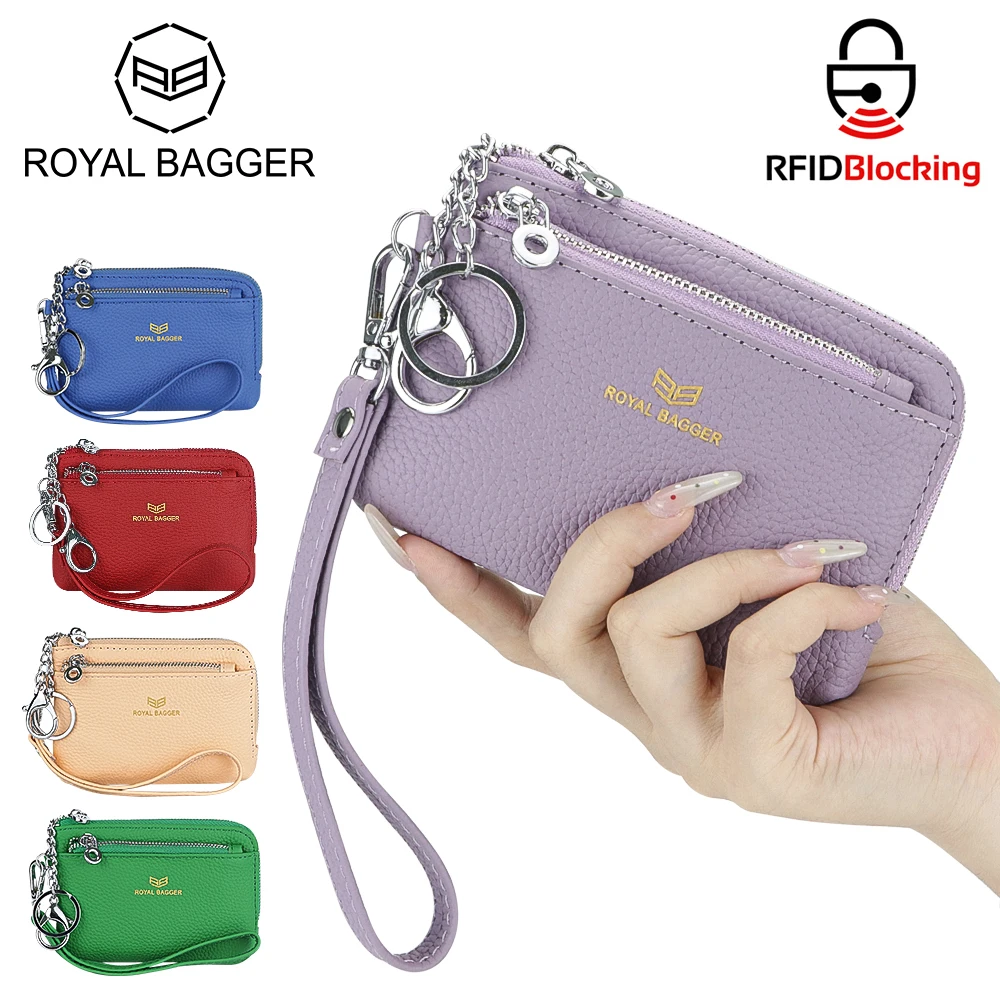 Royal Bagger RFID Coin Purse with Keychain, Genuine Leather Multi Zipper Clutch Wallet, Portable Wristlet Card Holder