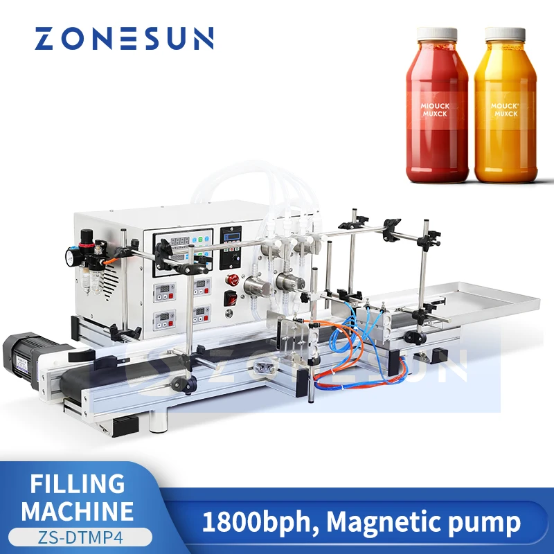 ZONESUN Liquid Filling Machine 4 Nozzles Automatic Magnetic Pump Perfume Essential Oil Packaging Juice Milk Bottle Filler