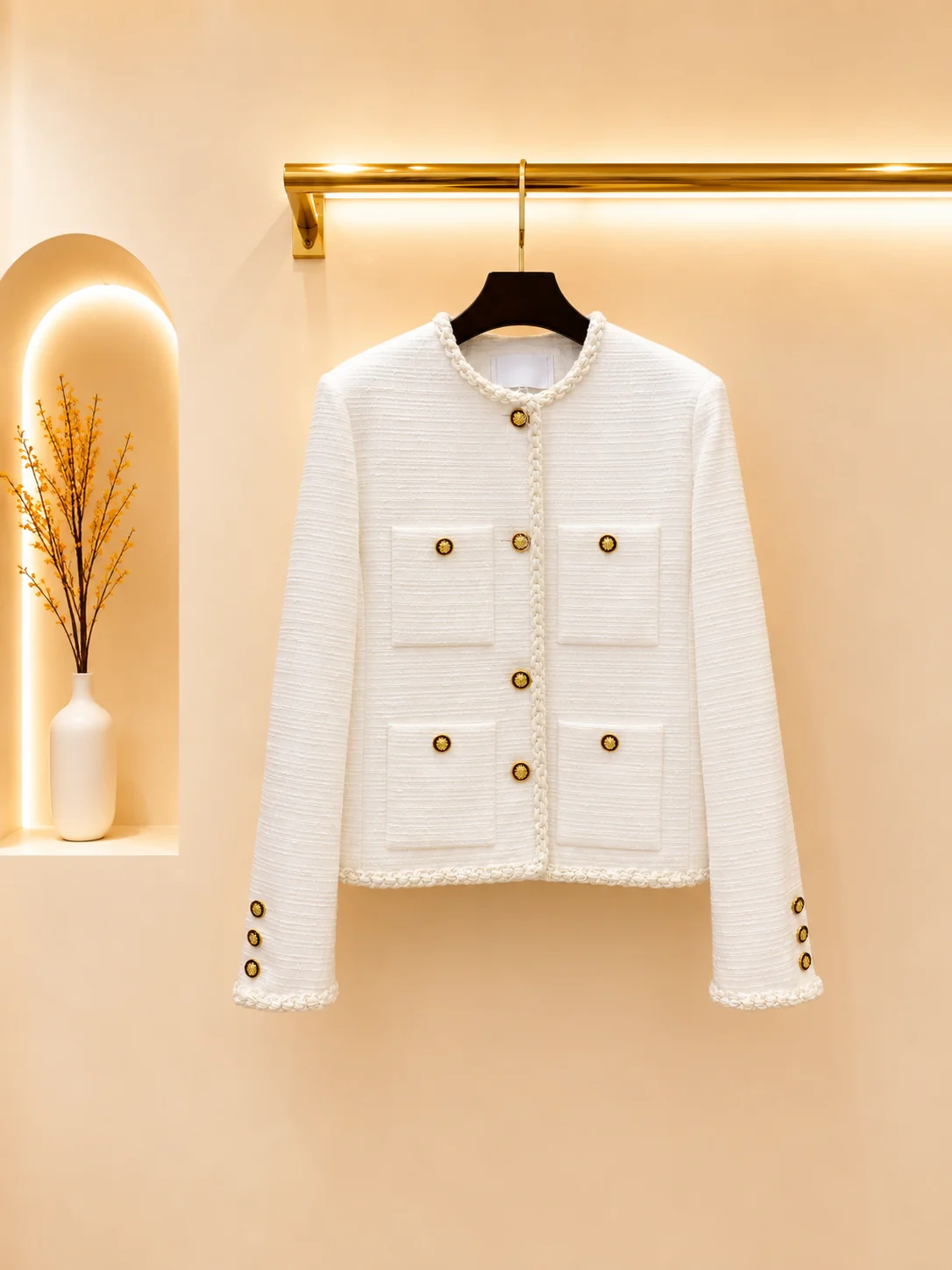 2026 Women Tweed Jacket Hand Braided Trim Round Neck Long Sleeve Ruby Relief Metal Buttons Outerwear Free Brooch Gift