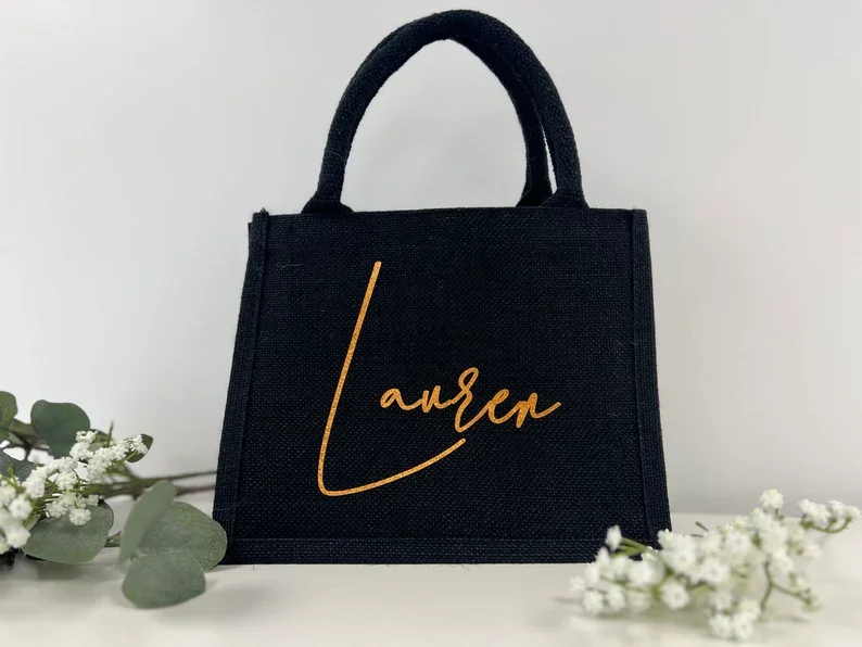 Black Personalised Tote Bag | Bridesmaid boxes | custom reusable shopping bag | hen party bags | personalized gift bag | custom