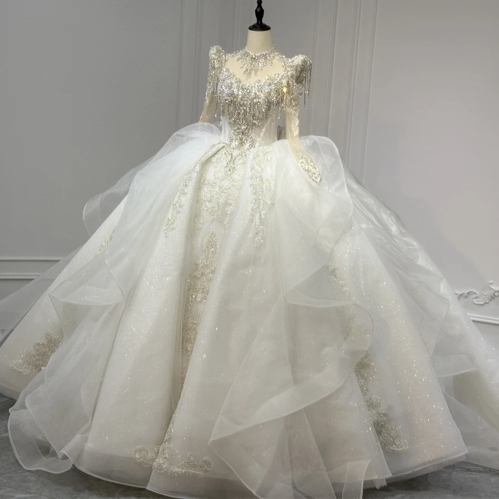 Charming Bridal Dresses For Weddings Ball Gown Tassel Crystal Beading Lace Long Sleeves Wedding Dress