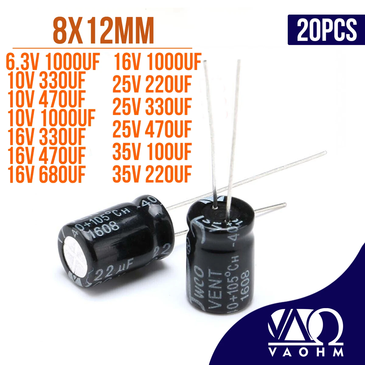 20PCS 100UF 220UF 330UF 470UF 680UF 1000UF 6.3V 10V 16V 25V 35V Aluminum Electrolytic Capacitor 8X12MM