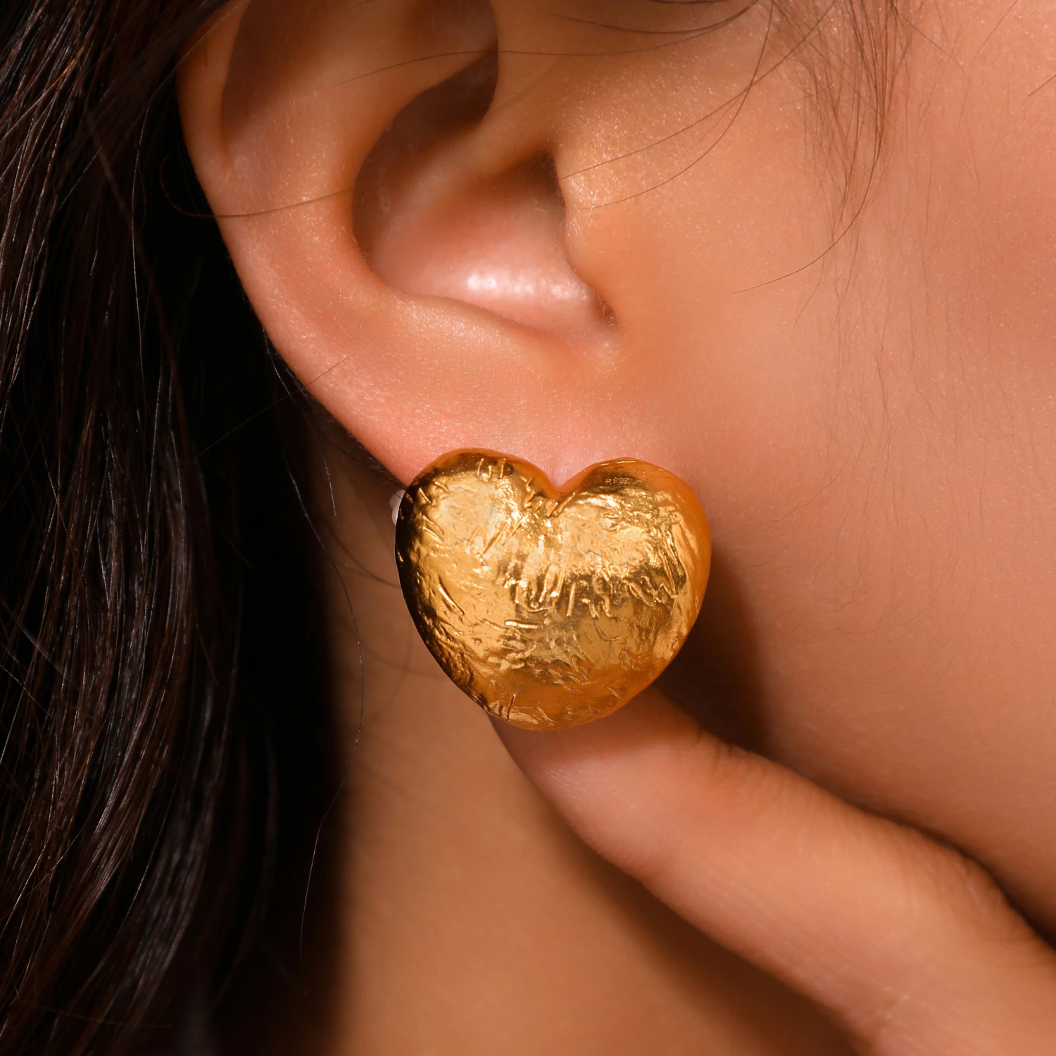 YAJUNIEL 24K Real Gold Plated Textured Heart Stud Earrings for Women Hypoallergenic Puffy Love Earrings Elegant Jewelry Gifts