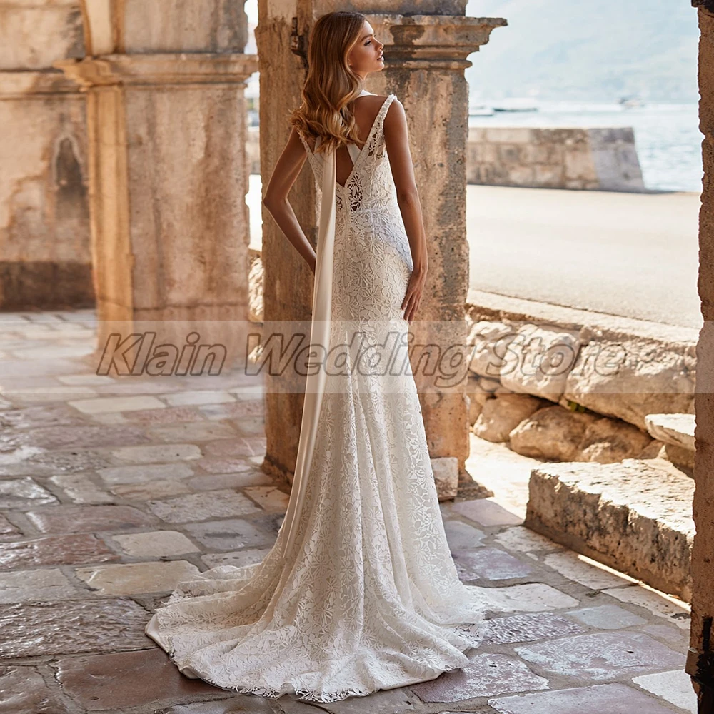 Exquisite V-Ausschnitt Meerjungfrau Spitze Brautkleid mit Court Train Damen ärmellose Brautkleider Reiß verschluss zurück vestido de novia