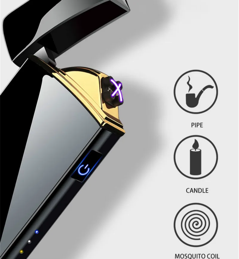 Электрическая ветрозащитная металлическая зажигалка, беспламенная плазменная зажигалка с двойной дугой, USB Зажигалка со светодиодным дисплеем и сенсорным датчиком