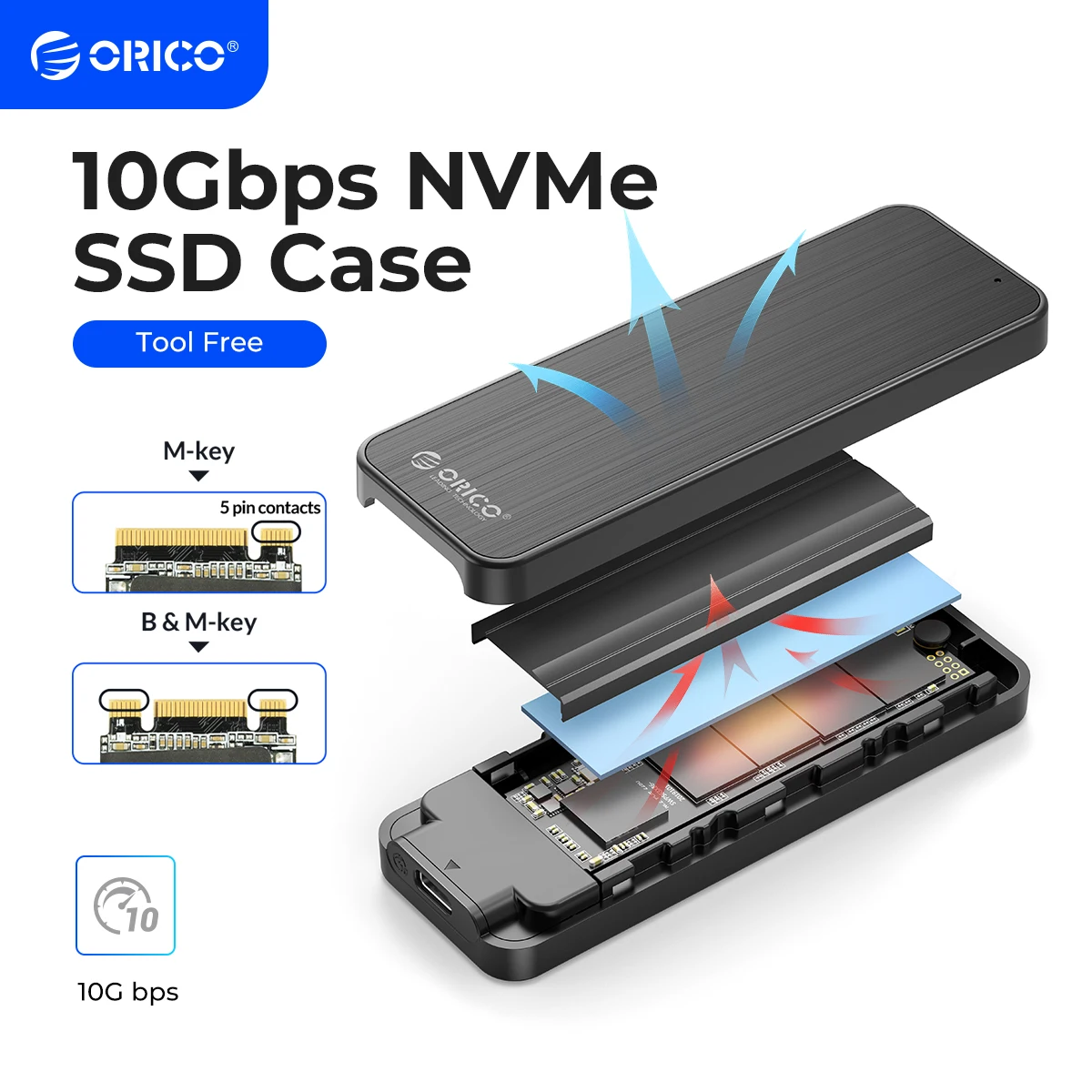 

ORICO M2 NVMe Enclosure USB3.2 Gen2 Type C 10Gbps PCIe SSD Enclosure M2 SSD Case Built-in Metal Heat Sink Solid State Drive Case