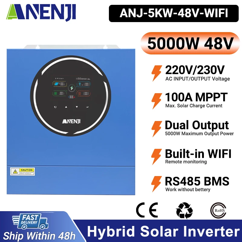 عاكس شمسي هجين 5KW 48V مخرجات مزدوجة بحد أقصى 5000 وات موجة جيبية نقية PV 500V 220V/230V AC مدمج 100A MPPT & WIFI RS485 BMS