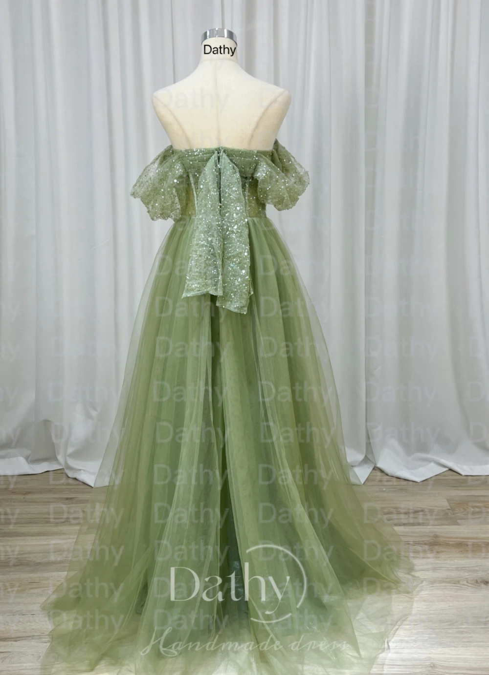 Dathy Green Off Shoulder Prom Shiny Dress Tulle Party Robe Dress Princess A Lline Evening Dress Formal Occasion Dresses