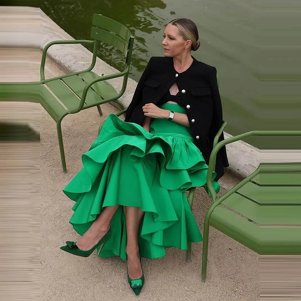 Zielone falbany satynowe spódnice wysokiej talii formalne damskie spódnice Maxi długość podłogi wielowarstwowa spódnica ślubna dla nowożeńców świąteczna spódnica damska — zdjęcie 2