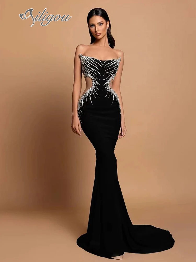 Ailigou New Women'S Black Sexy Strapless Luxury Sparkling Diamond Hollow Tight Long Dress Elegant Celebrity Party Evening Dress