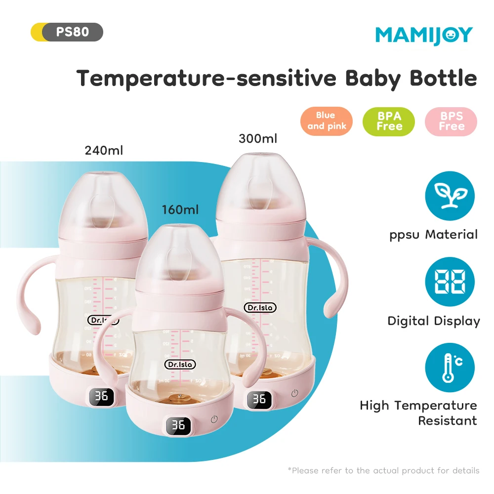 

MAMIJOY 160/240ML PPSU Baby Bottle Baby Temperature Display Bottle Anti-Colic＆Gas Baby Milk Bottle For 0-6 Moths Newborns PS80