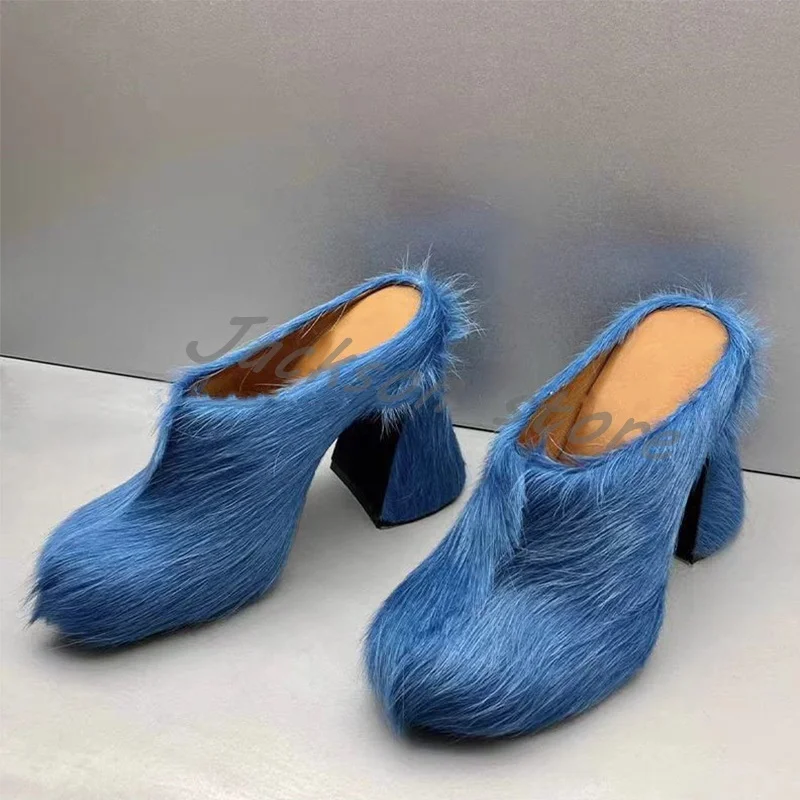 Round Toe Horse Hair Thick Heel Platform Slippers Mules Fashion Thick Sole High Heel Shoes Large Size Summer Women Shoes