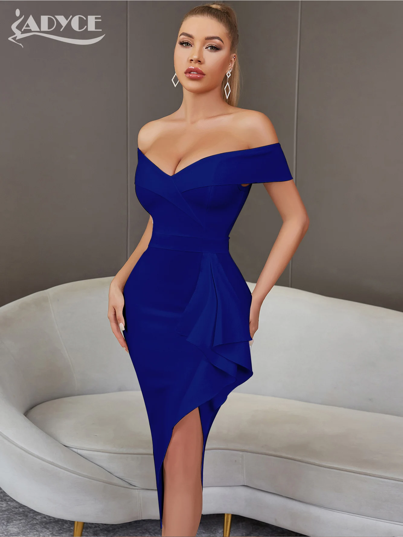 Adyce New Summer Women Off Shoulder V Neck Bandage Dress 2023 Sexy Elegant Ruffles Midi Night Club Runway Party Dresses Vestidos