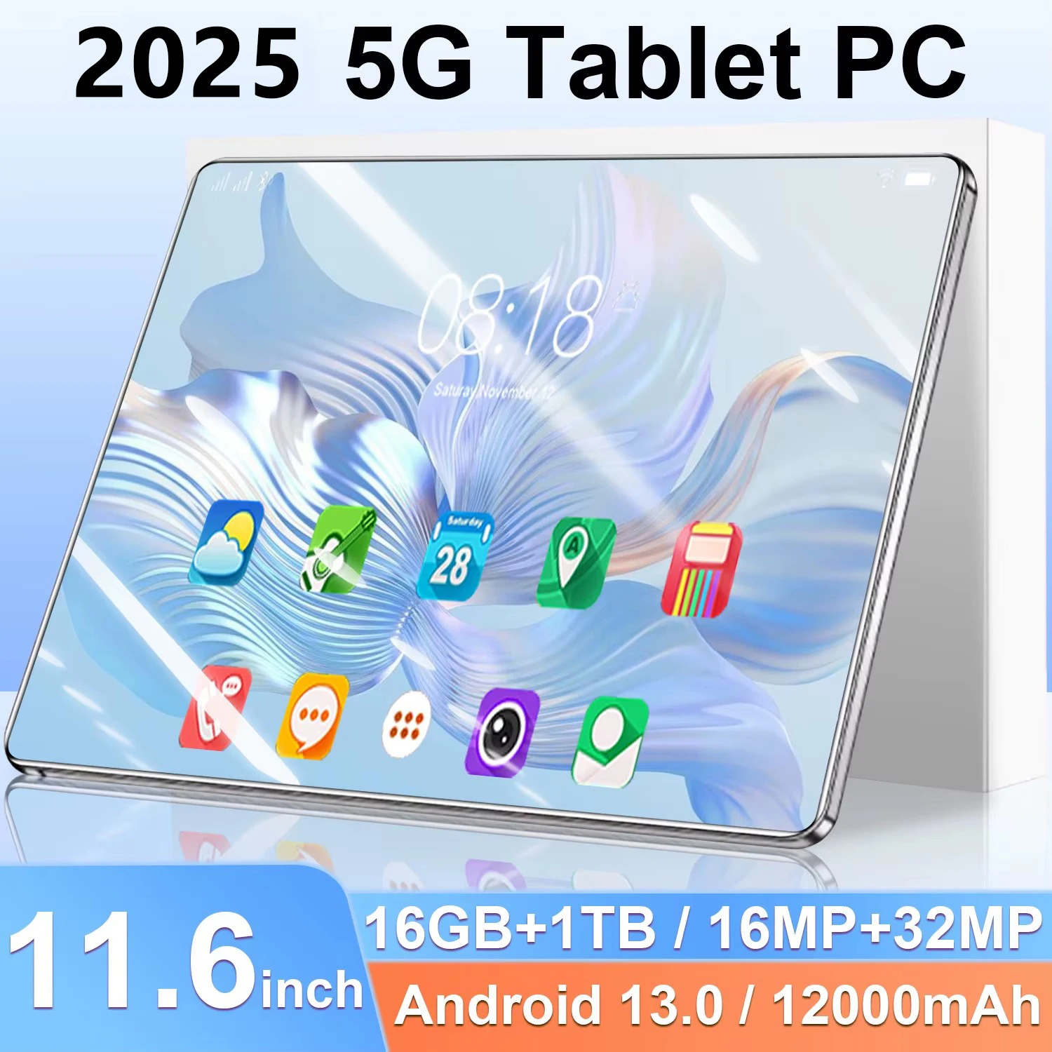 2025 5G Tablet Android 13.0 16GB RAM 1TB ROM Brand New 11.6 inch Tablet 16MP 32MP 12000mAh 10Core WIFI Bluetooth Network Tablet