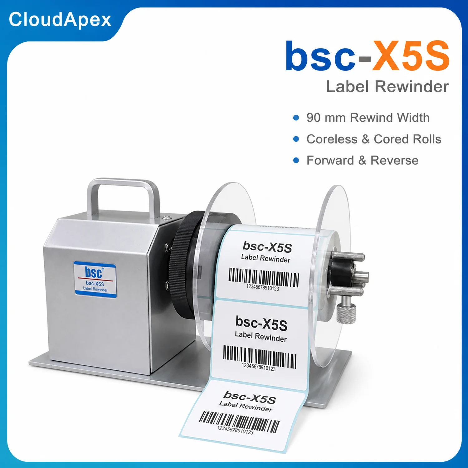 CloudApex X5S Adjustable Speed 2-Way Automatic Label Rewinder 90mm 1-1.5in Core/Coreless Barcode Rewinding Machine 100-240V