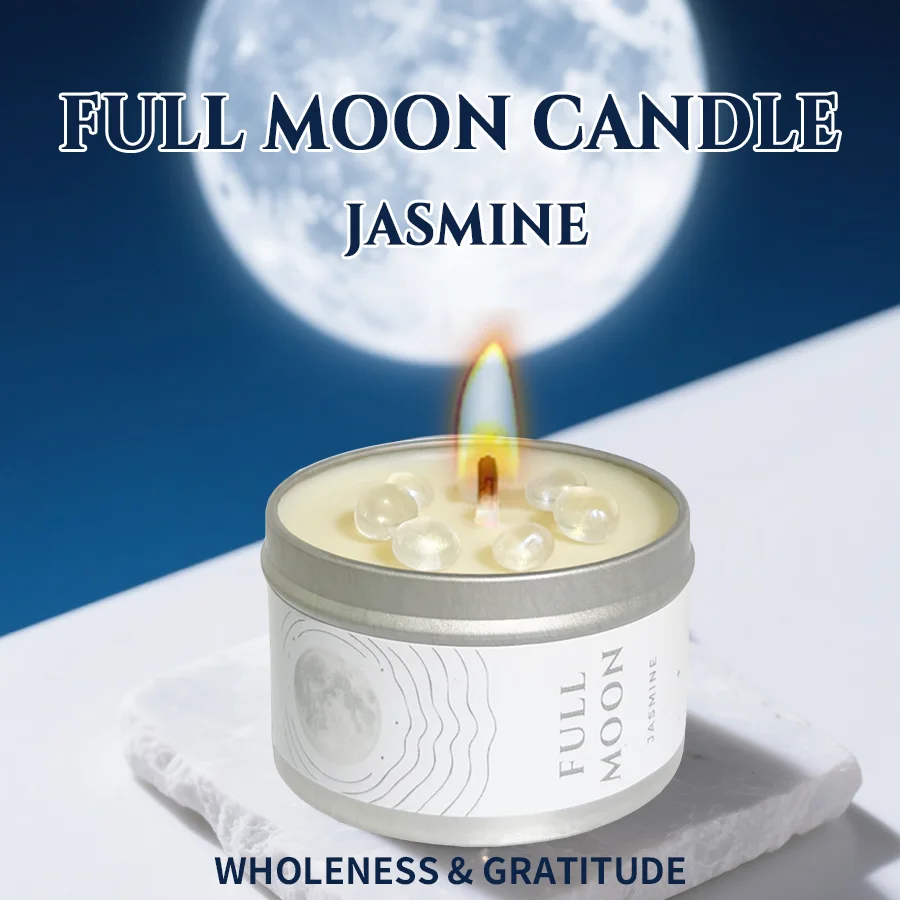 شمعة احتفال القمر بالكامل شمع الصويا شمعة معطرة من القصدير الذهبي مع رقائق كريستال صفراء يدوية له هدية الكريسماس #1