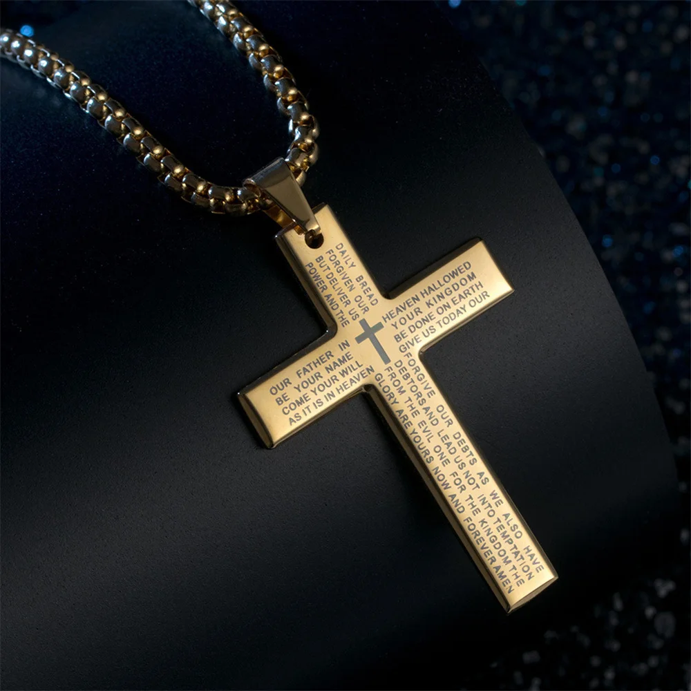 Mode Bibel Jesus Kreuz Anhänger Halskette Hip Hop Männer Edelstahl Anhänger Halskette für Frauen Retro Religiöse Gebet Schmuck – Detail 3
