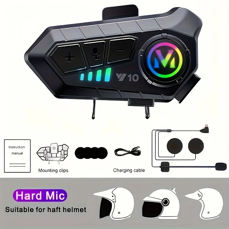Y10 Hard Mic Helm-Headset Bluetooth 5.3 Motorrad-Kopfhörer IPX6 Wasserdicht Geräuschunterdrückung Freisprechfunktion für Motorradfahrer