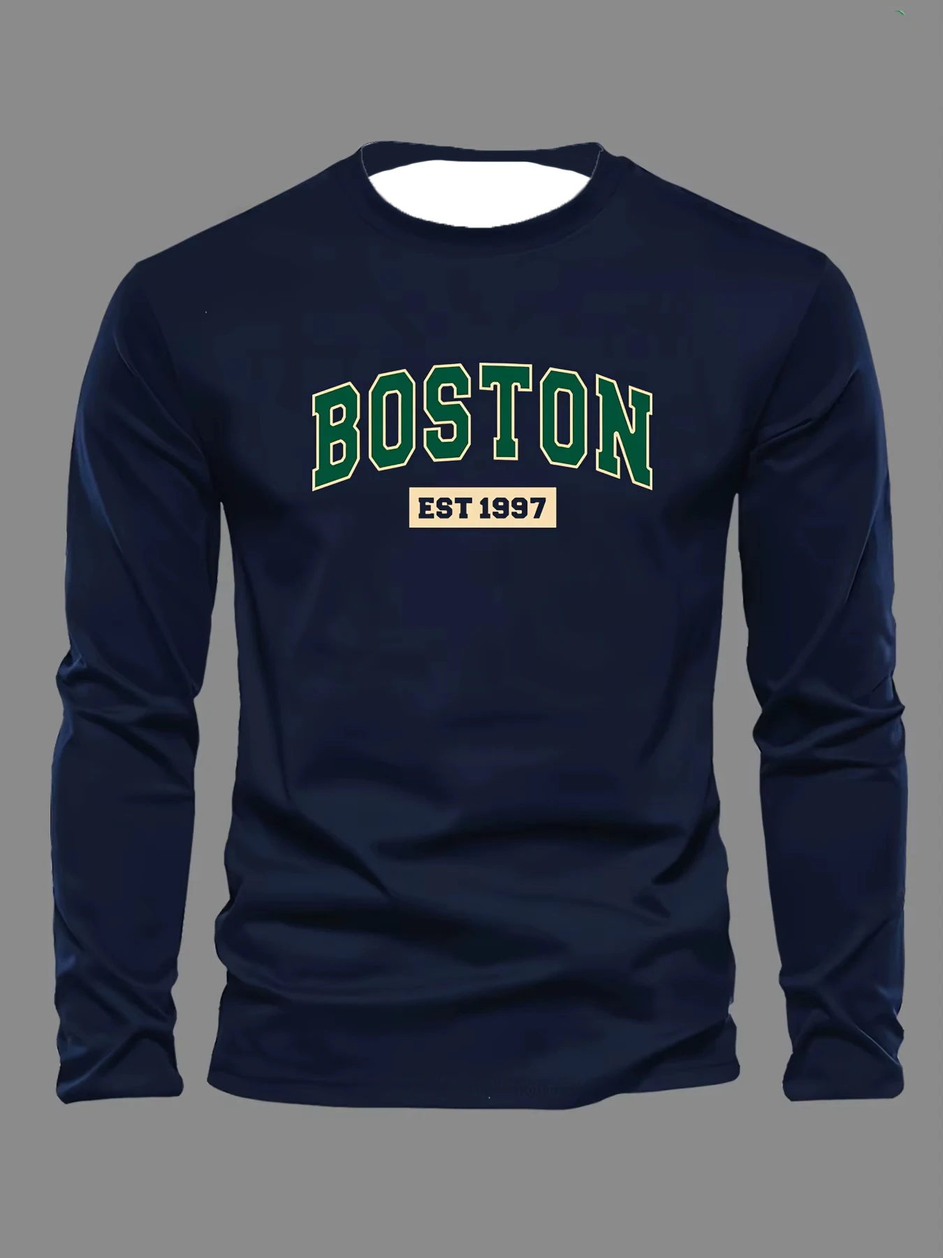 Boston EST 19 Letter Pattern Print Men's T-shirt Spring and Summer Casual Sports Fashionable Round Neck Long Sleeve Pullover Top