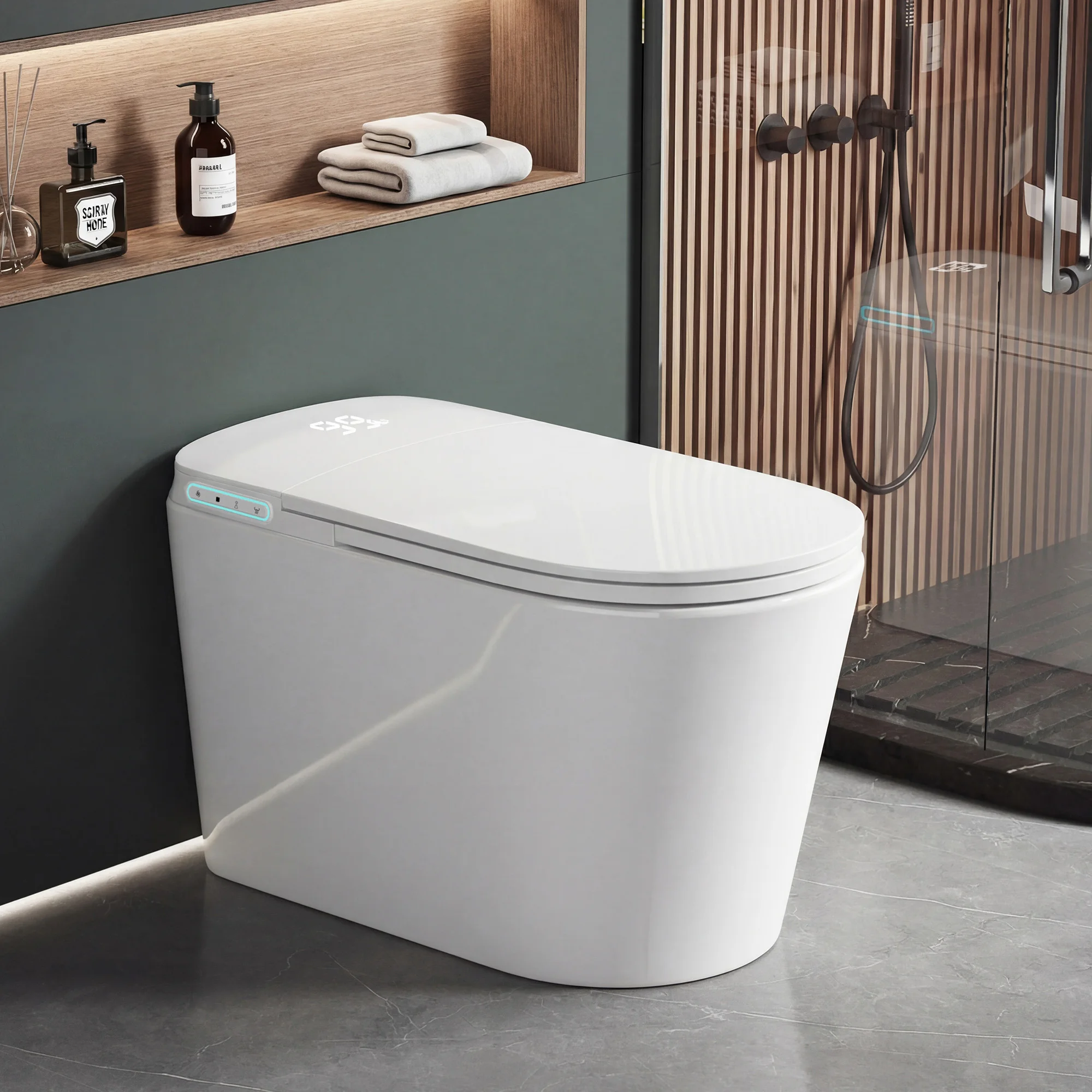 Smart Toilet with Bidet - Wireless Remote Control Dual Heated Water Eco-Friendly Night Light Soft-Close Seat Lid Air Drier Auto Flush