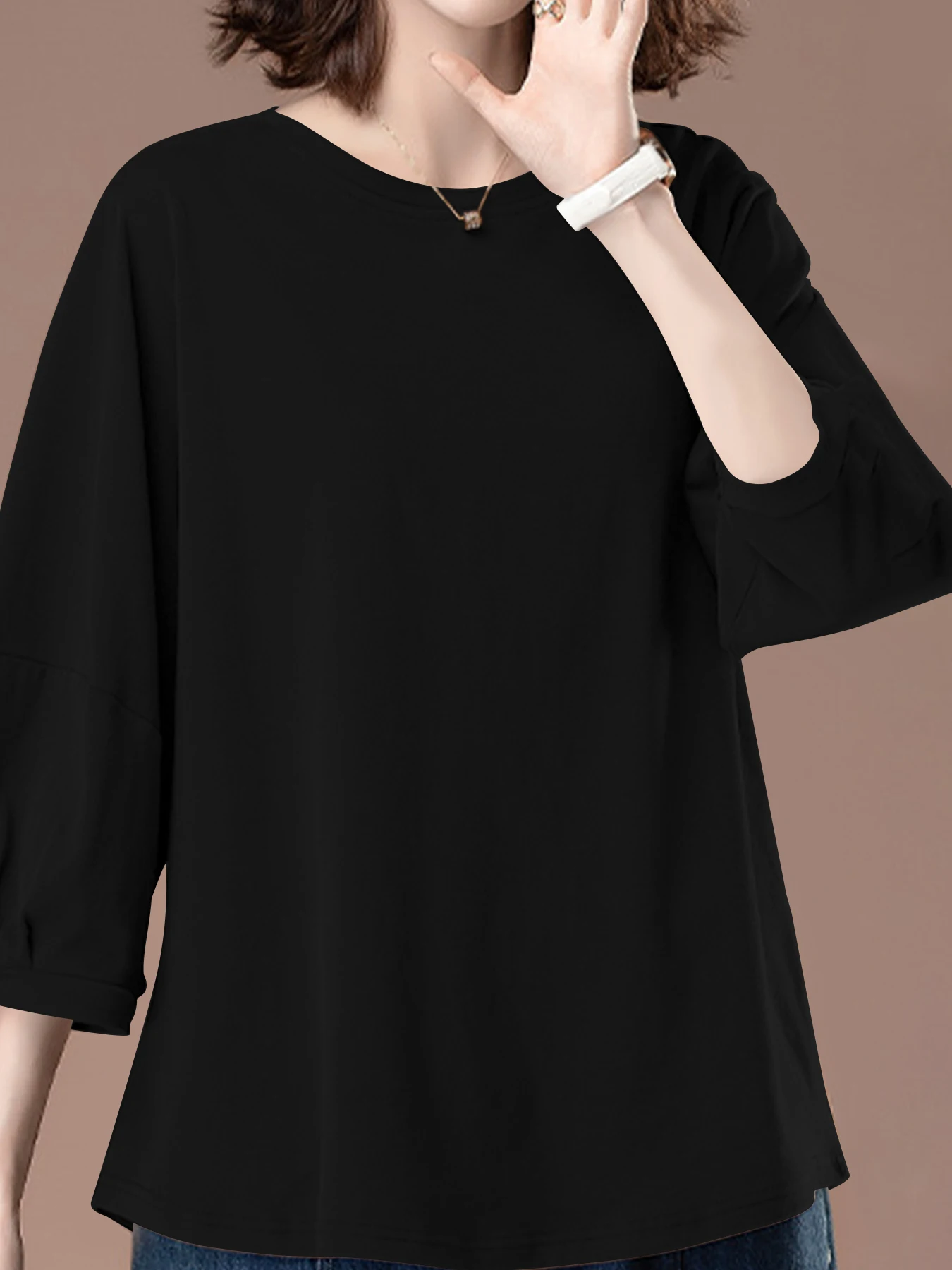 Damen-Tops mit 3/4-Ärmeln, Rundhalsausschnitt, lässig, trendig, lockere T-Shirts – Detail 13