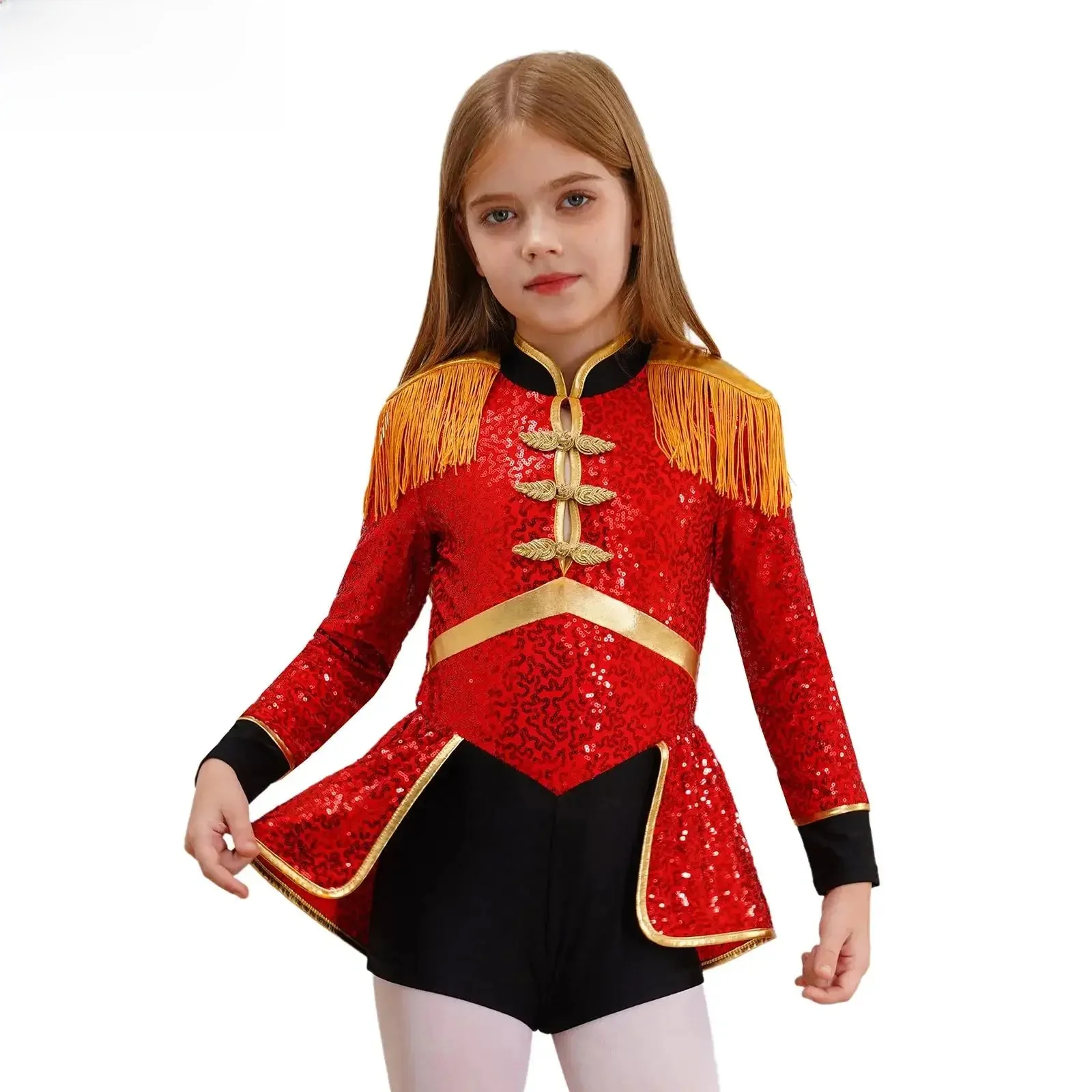 Meisjes Circus Ringmeester Goochelaar Marching Band Drummer Showman Cosplay Kostuum Fringe Pailletten Bodysuit Halloween Leeuwentemmer Jurk - afbeelding 2
