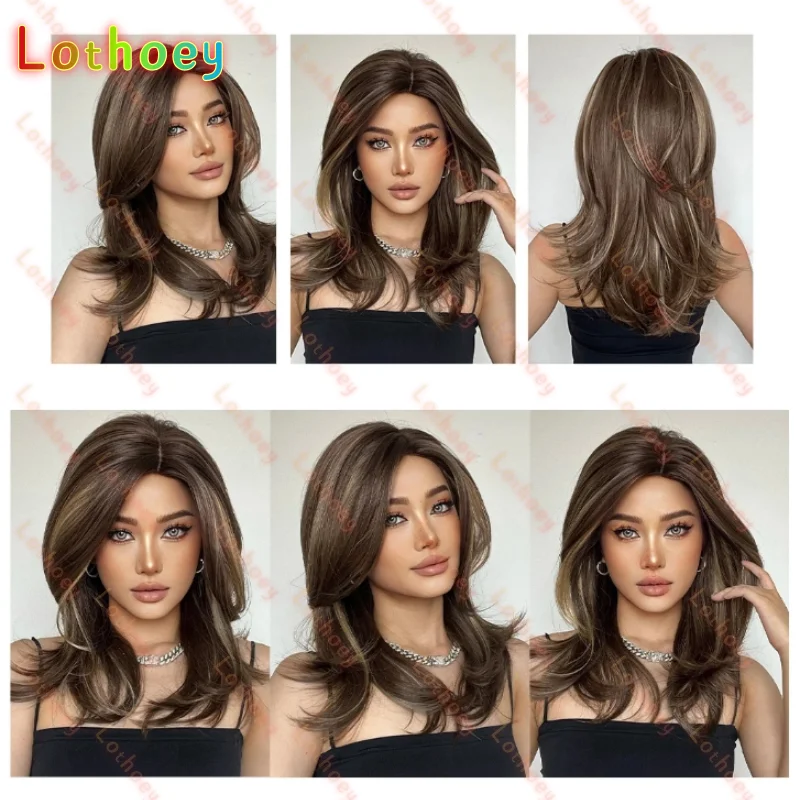 Средние волнистые волосы, коричневые смешанные светлые парики для женщин, повседневные вечерние крутые дышащие повязки на голову, 100% человеческие волосы