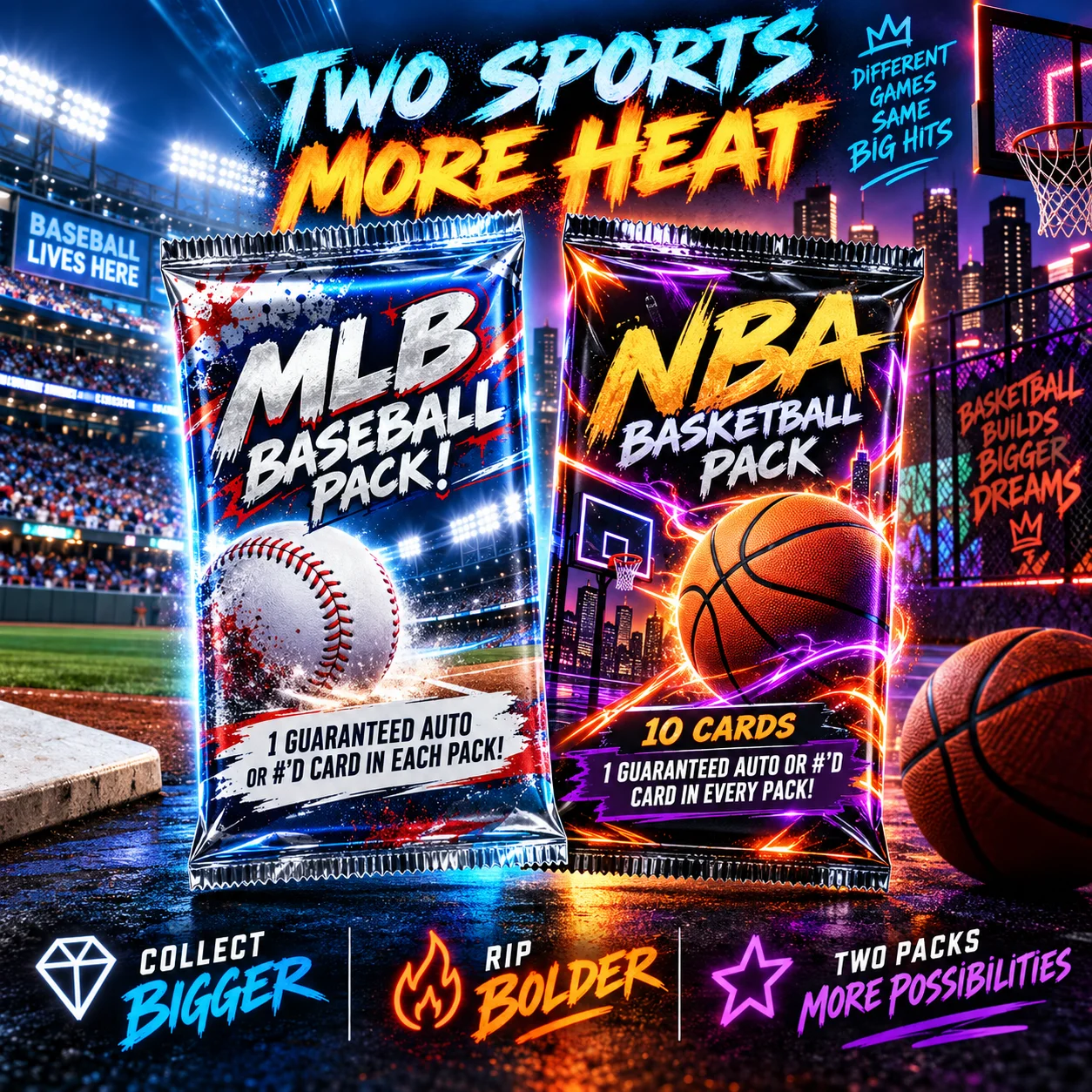 Baseball & Basketball Trading Card Bundle, Includes 1 MLB Pack and 1 NBA Pack, 10 Cards Each, 20 Cards Total, Guaranteed Auto or Numbered Card Per Pack, Sports Card Collectibles, Hobby Card Packs for Card Collectors, Display Collection and Sports Fans
