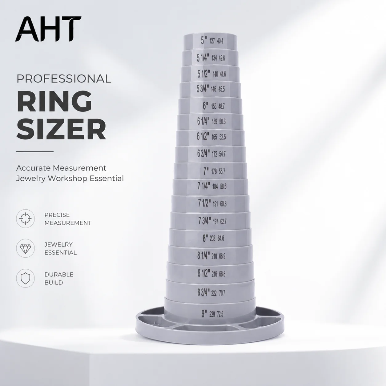 AHT Bracelet Sizer Mandrel 5 to 9 Inch 360 Rotating Jewelry Measuring Tool Bangle Sizing Tower Organizer Stand Tray with Storage