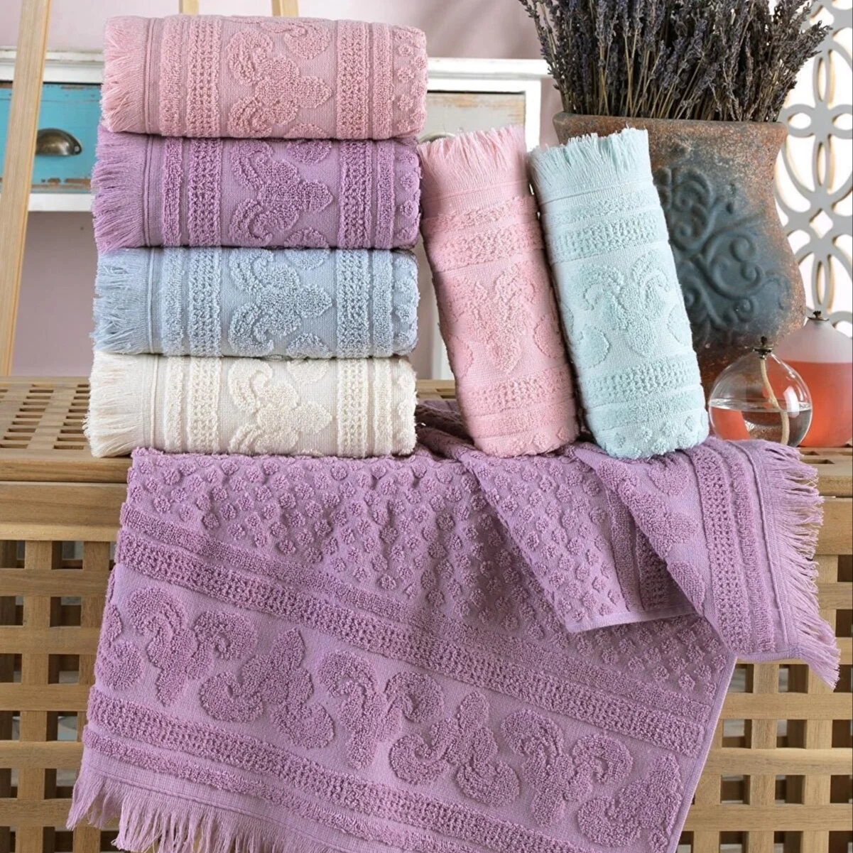 6 Pcs Hair Hand Face Cotton Turkish Towel Set 50x90 Cm Colorful High Quality Quick Dry Soft Great Absorbent