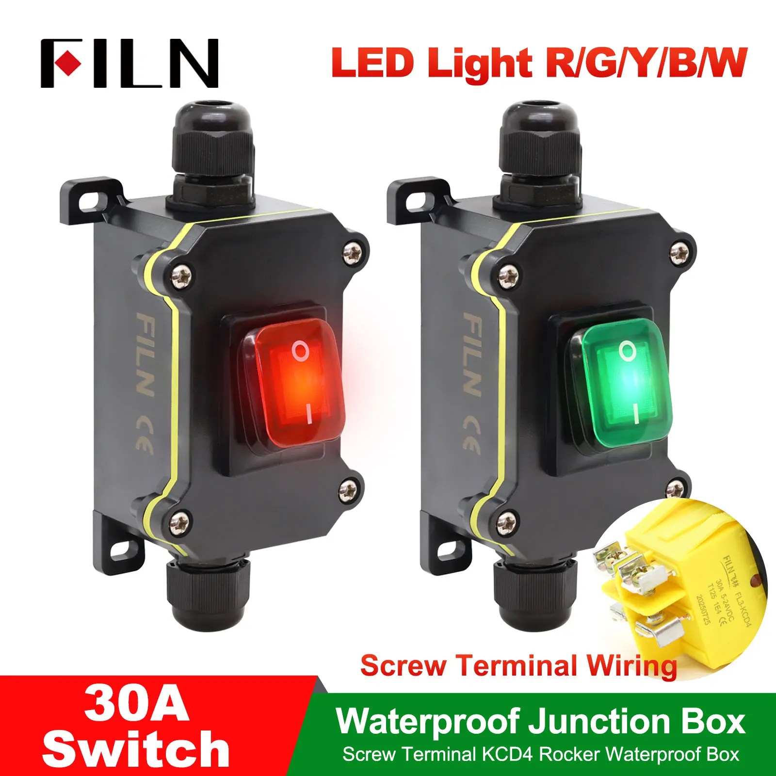 

30A Rocker Switch High Current Connetor Outdoor Inline Power Cord 110V-220V 12V-24V Marine On Off Waterproof IP67 Junction Box