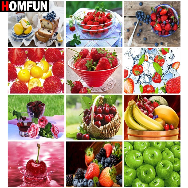 HOMFUN-pintura de diamante con patrón de punto de cruz, bordado de diamantes 5D, "fruta, manzana, fresa, plátano", decoración del hogar, arte de diamante artesanal