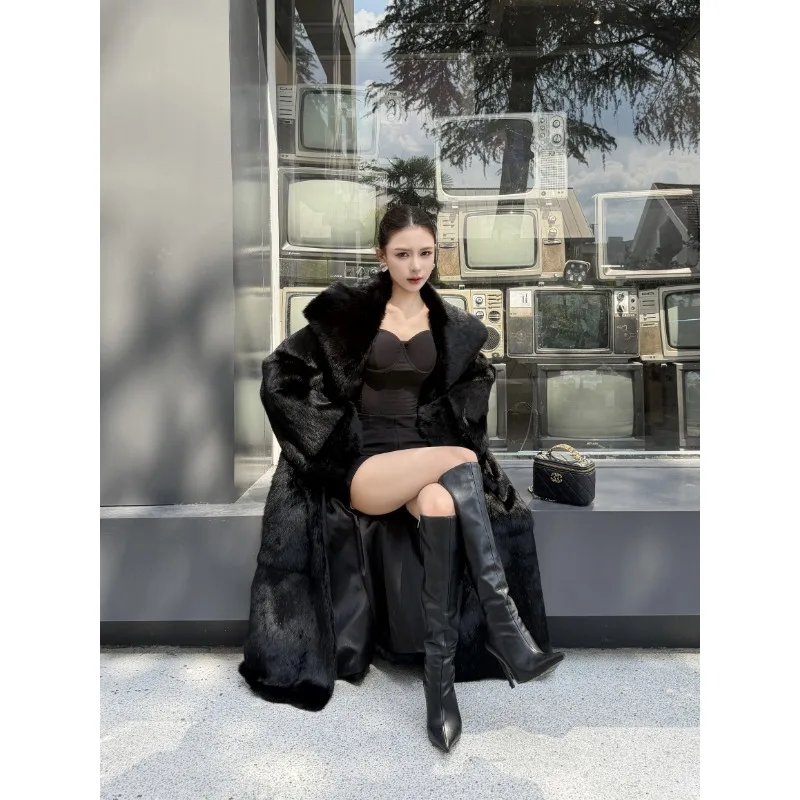 Luxury Full‑length Rabbit Fur Coat, Oversized Lapel, Black Warm Winter Outerwear, Elegant Street Style