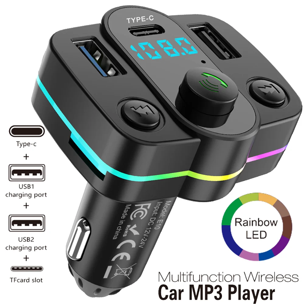 1pc Car Bluetooth FM Transmitter PD Type-C Dual USB 3.1A Fast Charger Colorful Ambient Light Handsfree MP3 Modulator Player