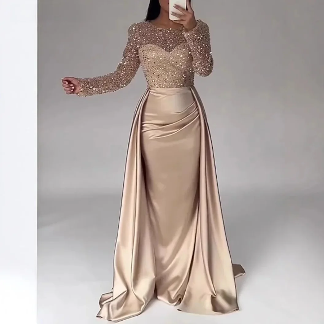 Frauen Party Kleid Langarm Pailletten Reich Mesh Elegante Oansatz Dame Große Schaukel Neue Bankett Temperament Kleidung