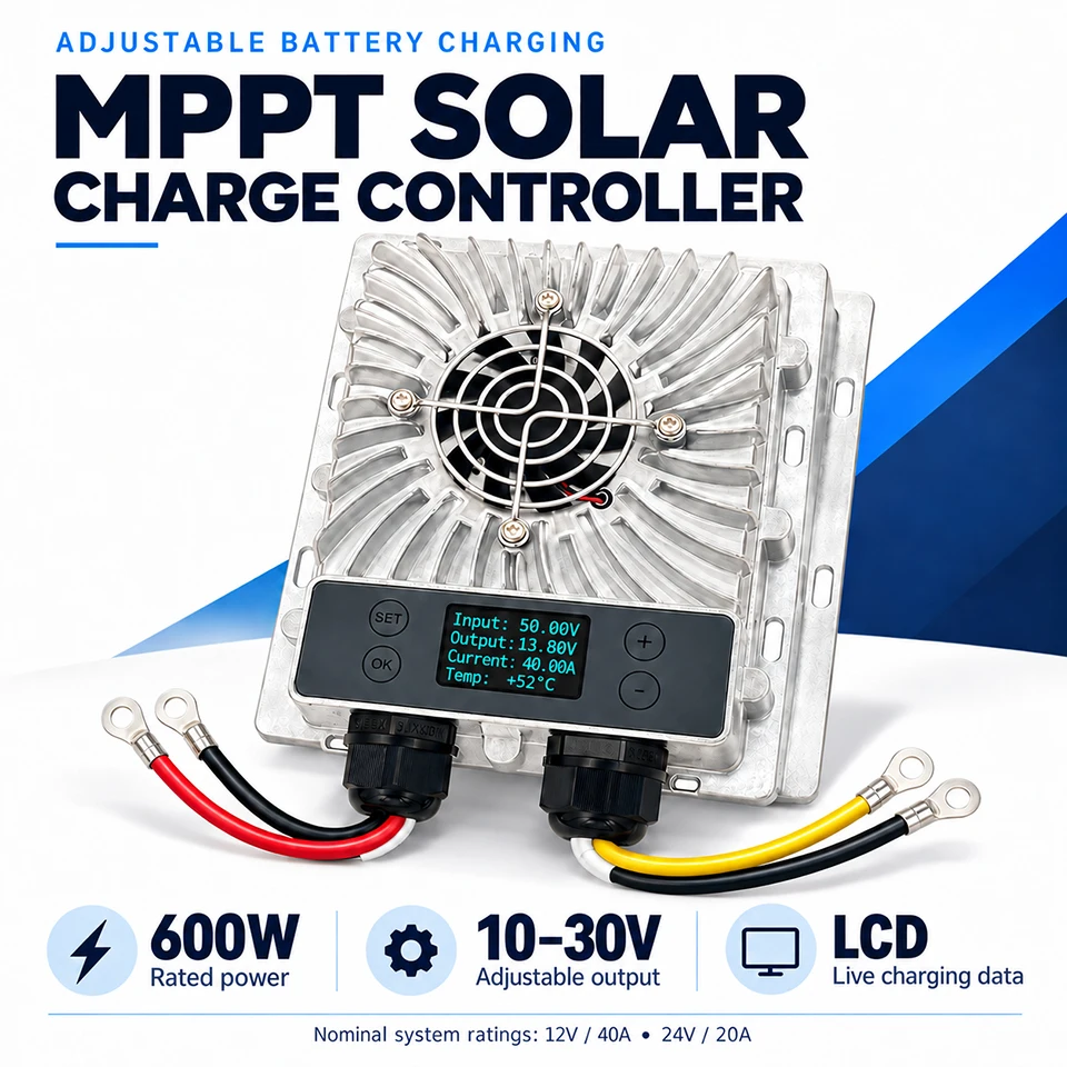 MPPT Solar Charge Controller 600W 40A Max 10-30V Adjustable LCD for 12V 24V Lithium LiFePO4 Lead Acid Battery RV Off Grid System