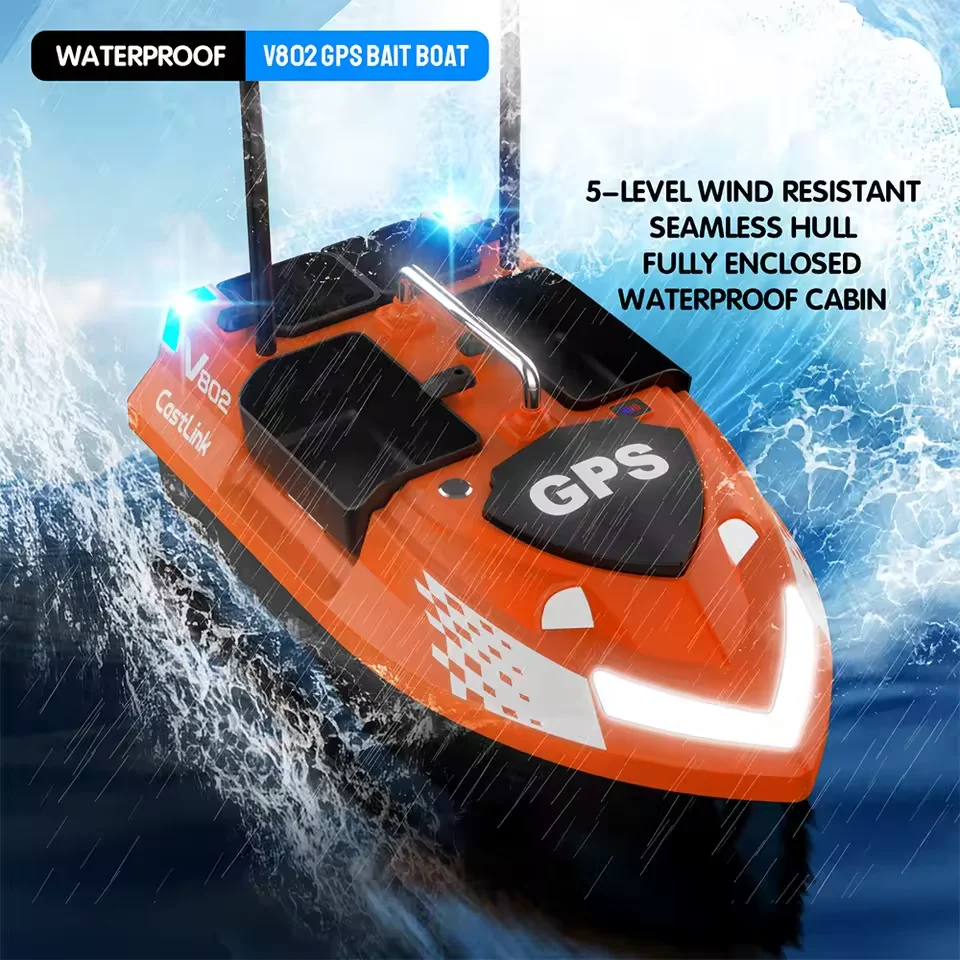 Flytec V802 Pro Köderboot mit 4 unabhängigen Futterbehältern, zwei Antennen für 500m Reichweite, duale Stromversorgung, Front- und Rücklichter, 18000mAh, Angeln