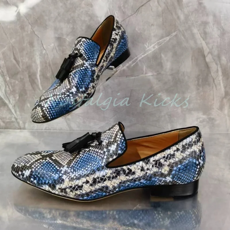 جديد وصول الأزرق الأبيض الأفعى طباعة شرابة المتسكعون الرسمي عارضة الانزلاق على رجل اللباس أحذية جلدية حقيقية الأعمال أكسفورد الأحذية