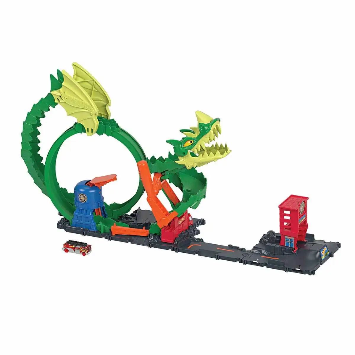 Hot Wheels Dragon Fight With Pisti Firemen and Dragon Theme Game Set, 1 PCS 1:64 scale Car Included, Other Setlere Connects