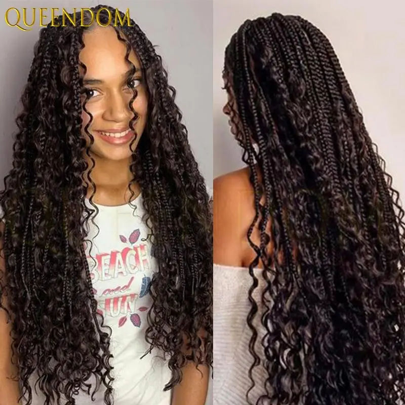 32 بوصة بوهو شعر مستعار اصطناعي كامل الدانتيل كورنو جديلة شعر مستعار مع أطراف مجعد فو Locs للنساء السود البوهيمي نمط شعر مضفر