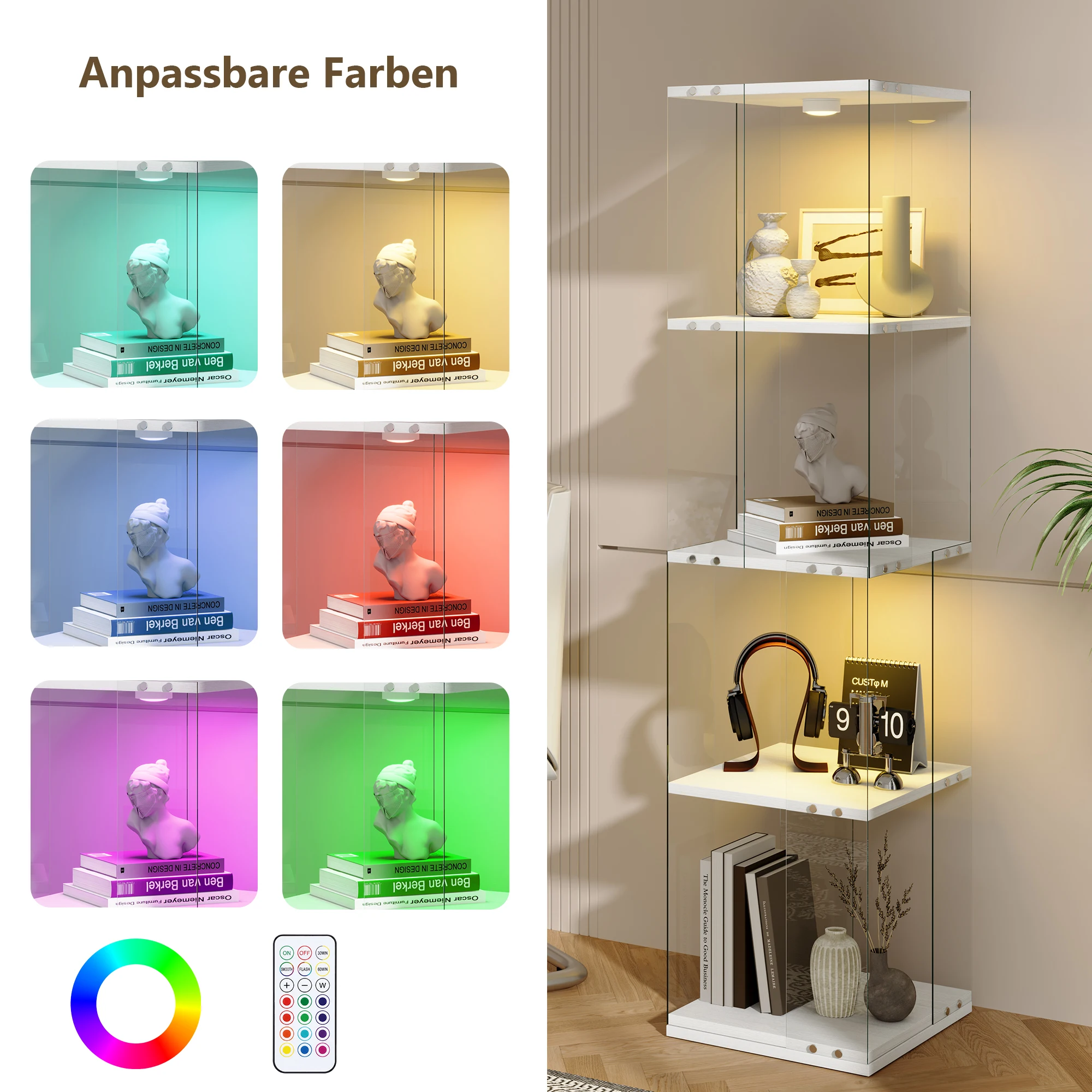Vitrina de cristal, armario de cristal con 4 estantes, vinoteca giratoria de 360° y vitrina de colección para figuritas, baño y cocina, diseño moderno en blanco, capacidad de carga de hasta 2 kg.