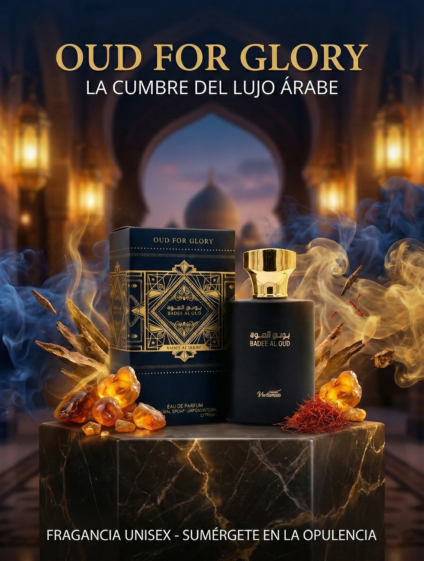 Oud for Glory Bade’e Al Oud 35 ml Unisex, Perfume Oriental Amaderado con Azafrán, Lavanda, Oud y Pachuli; Aroma Intenso y Elegante en Botella Negra Premium.