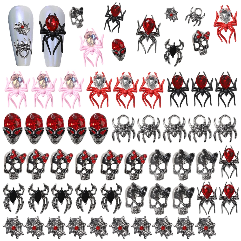 49Pcs Halloween Nail Charms 3D Alloy Spider Nail Art Charms Crystal Design Nail Gems Nail Rhinestone Luxury Sparkling